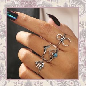 🎀 4PC RING SET LOTUS MIDI RINGS BOHO MOON BOHEMIAN CELTIC GYPSY CHIC TRIBAL